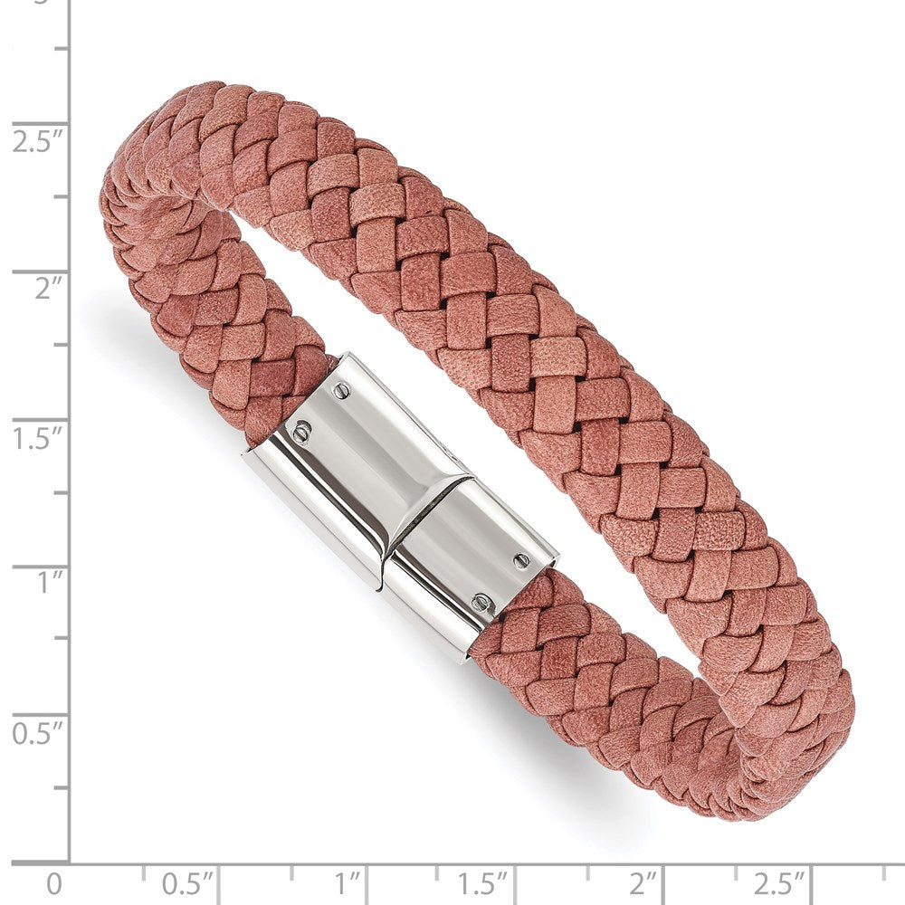 Chisel Stainless Steel Polished Light Brown Braided Leather 8.25 inch Bracelet SRB1624-8.25