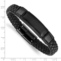 Chisel Stainless Steel Brushed and Polished Black IP-plated Braided Black Leather 8.25 inch Bracelet SRB1631-8.25