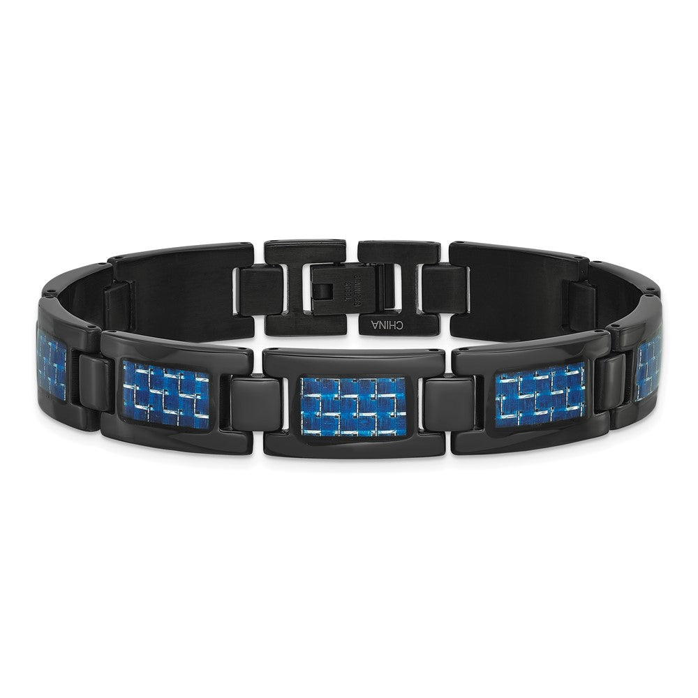 Chisel Stainless Steel Polished Black IP-plated with Blue Carbon Fiber Inlay 8.25 inch Link Bracelet SRB1643-8.25