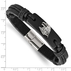 Chisel Stainless Steel Antiqued and Polished Eagle Head Black Leather 8.5 inch Bracelet SRB1658-8.5