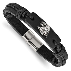 Chisel Stainless Steel Antiqued and Polished Eagle Head Black Leather 8.5 inch Bracelet SRB1658-8.5