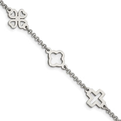 Chisel Stainless Steel Polished Cross and Clovers 7.5 inch Bracelet SRB1694-7.5