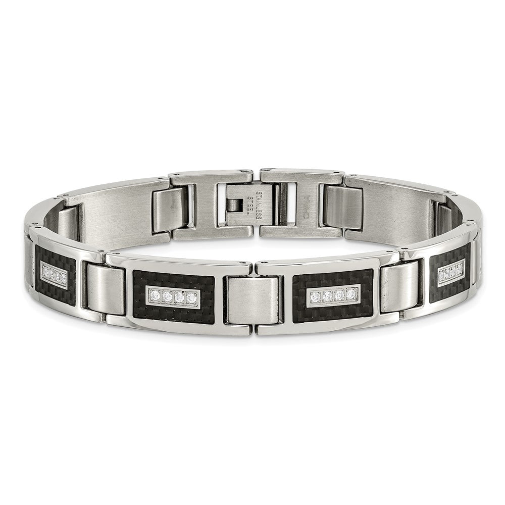 Chisel Stainless Steel Brushed and Polished with CZ and Black Carbon Fiber Inlay 8.75 inch Link Bracelet SRB1795-8.75