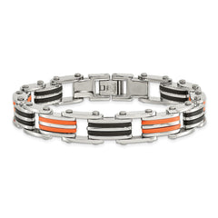 Chisel Stainless Steel Polished with Black and Orange Rubber 8.5 inch Link Bracelet SRB183-8.75