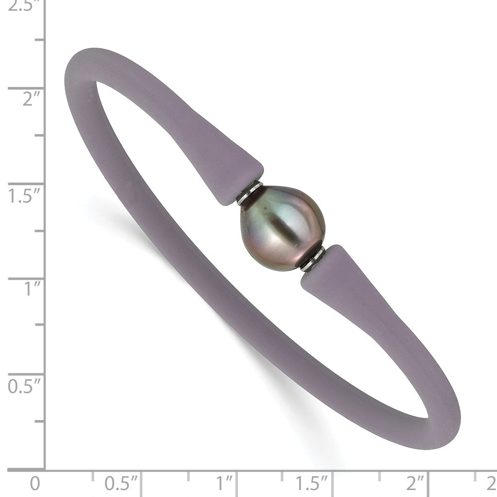 Stainless Steel 10-11mm Black Tahitian Pearl Grey Silicone Bracelet SRB1854GR