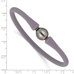 Stainless Steel 10-11mm Black Tahitian Pearl Grey Silicone Bracelet SRB1854GR