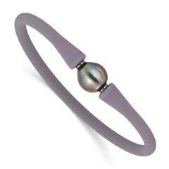Stainless Steel 10-11mm Black Tahitian Pearl Grey Silicone Bracelet SRB1854GR