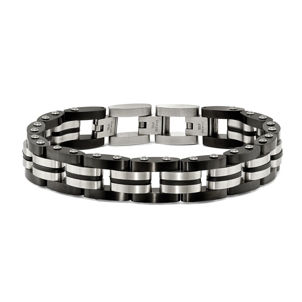 Chisel Stainless Steel Brushed with Black Rubber Inlay Black IP-plated Edges 8.25 inch Bracelet SRB1902-8.25