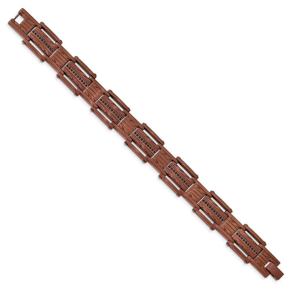 Chisel Stainless Steel Brushed and Textured Brown IP-plated with Black CZ 8.25 inch Link Bracelet SRB1904-8.25