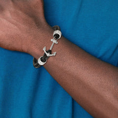 Chisel Stainless Steel Polished Anchor Black Braided Leather 8.5 inch Bracelet SRB1910-8.5