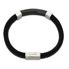 Chisel Stainless Steel Polished Black IP-plated Black Braided Leather 8.5 inch Bracelet SRB1920-8.5