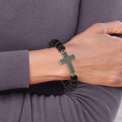 Chisel Stainless Steel Antiqued Gun Metal IP-plated Cross 10.5mm Lava Stone Beaded Stretch Bracelet SRB1923