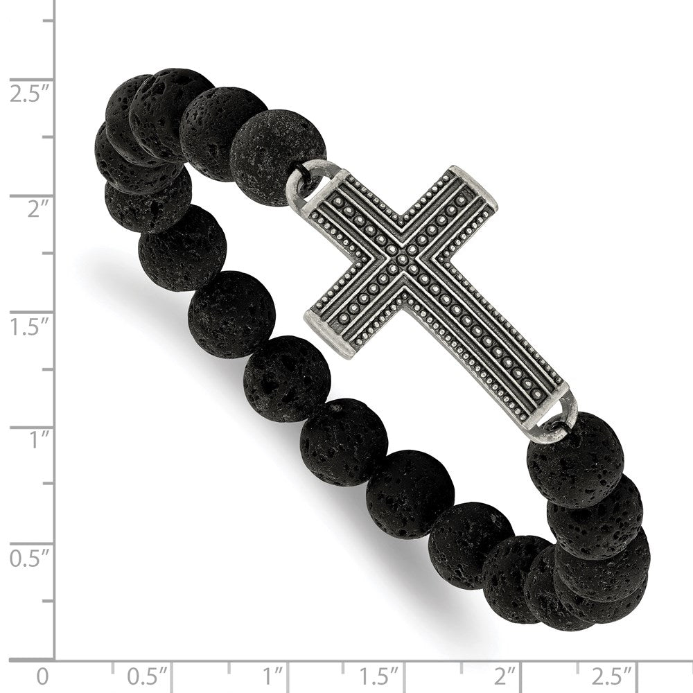 Chisel Stainless Steel Antiqued Gun Metal IP-plated Cross 10.5mm Lava Stone Beaded Stretch Bracelet SRB1923