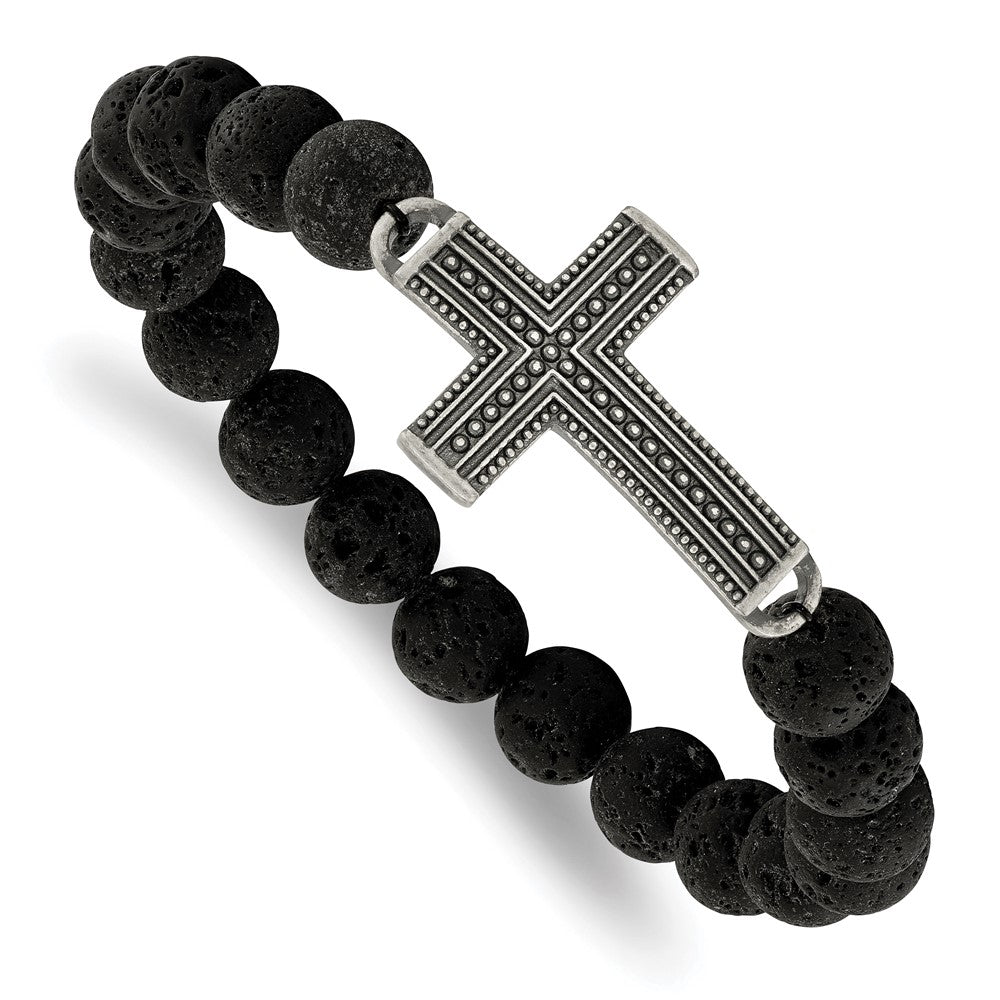 Chisel Stainless Steel Antiqued Gun Metal IP-plated Cross 10.5mm Lava Stone Beaded Stretch Bracelet SRB1923