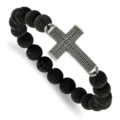 Chisel Stainless Steel Antiqued Gun Metal IP-plated Cross 10.5mm Lava Stone Beaded Stretch Bracelet SRB1923