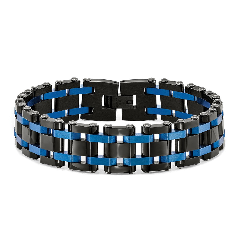 Chisel Stainless Steel Brushed and Polished Black and Blue IP-plated 8.5 inch Link Bracelet SRB1938-8.5
