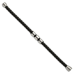 Chisel Stainless Steel Brushed and Polished Braided Black Leather 8.5 inch Bracelet SRB1992-8.5