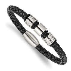 Chisel Stainless Steel Brushed and Polished Braided Black Leather 8.5 inch Bracelet SRB1992-8.5