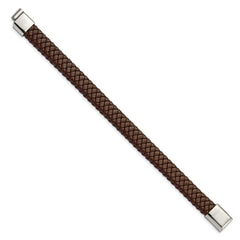 Chisel Stainless Steel Polished Brown Braided Leather 8.5 inch Bracelet SRB1999-8.5