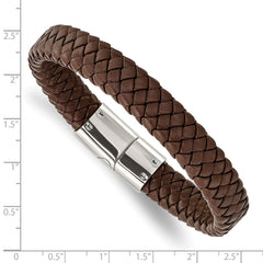 Chisel Stainless Steel Polished Brown Braided Leather 8.5 inch Bracelet SRB1999-8.5