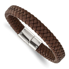 Chisel Stainless Steel Polished Brown Braided Leather 8.5 inch Bracelet SRB1999-8.5