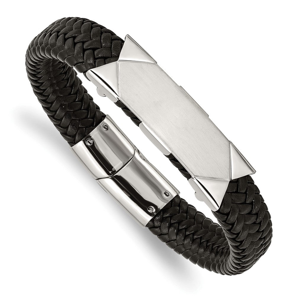 Chisel Stainless Steel Brushed and Polished Braided Black Leather 8.5 inch ID Bracelet SRB2004-8.5