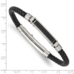Chisel Stainless Steel Polished and Textured Black IP-plated Black Braided Leather Adjustable 7.5 and 8 inch Bracelet SRB2017