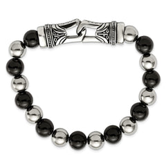 Chisel Stainless Steel Antiqued and Polished 10mm Black Agate Beaded Stretch Bracelet SRB2020