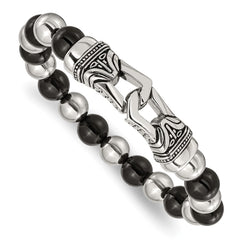 Chisel Stainless Steel Antiqued and Polished 10mm Black Agate Beaded Stretch Bracelet SRB2020