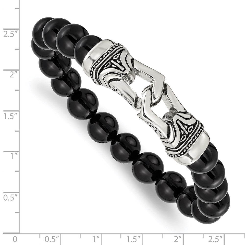 Chisel Stainless Steel Antiqued and Polished 10mm Black Agate Beaded Stretch Bracelet SRB2021