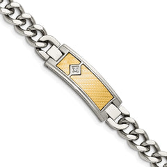 Chisel Stainless Steel Polished with 18k Gold Weave Texture and .05 carat Diamond 9 inch ID Bracelet SRB2040-9.5