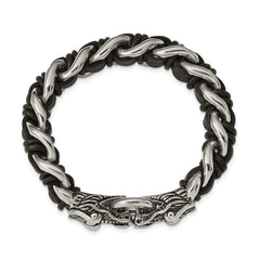 Chisel Stainless Steel Antiqued and Polished Dragon Head Curb Chain with Black Leather 8.5 inch Bracelet SRB2044-8.5