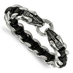 Chisel Stainless Steel Antiqued and Polished Dragon Head Curb Chain with Black Leather 8.5 inch Bracelet SRB2044-8.5