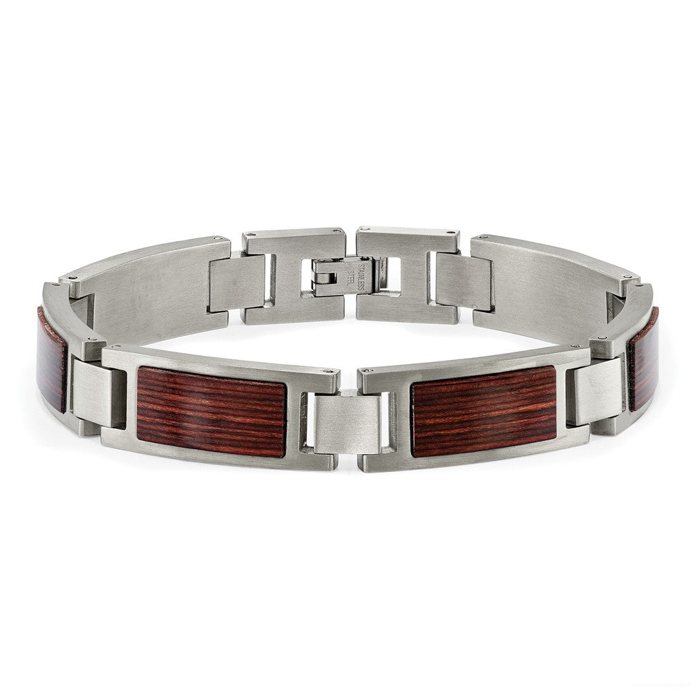Chisel Stainless Steel Brushed with Wood Inlay 8.75 inch Link Bracelet SRB2169-8.75