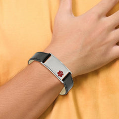 Chisel Stainless Steel Polished with Red Enamel Medical ID Black Leather Adjustable 6.5 to 8.25 inch Bracelet SRB2183