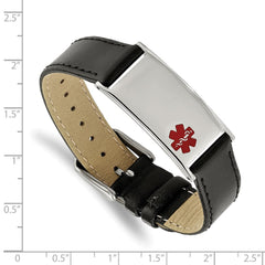 Chisel Stainless Steel Polished with Red Enamel Medical ID Black Leather Adjustable 6.5 to 8.25 inch Bracelet SRB2183