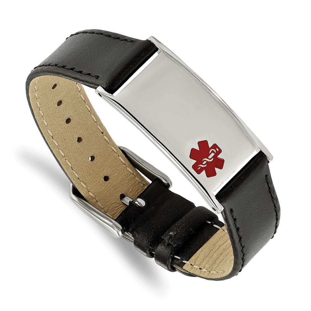 Chisel Stainless Steel Polished with Red Enamel Medical ID Black Leather Adjustable 6.5 to 8.25 inch Bracelet SRB2183