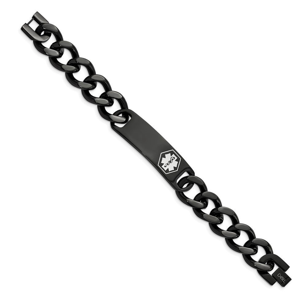 Chisel Stainless Steel Polished Black IP-plated with White Enamel Medical ID 8.25 inch Curb Chain Bracelet SRB2195-8.25