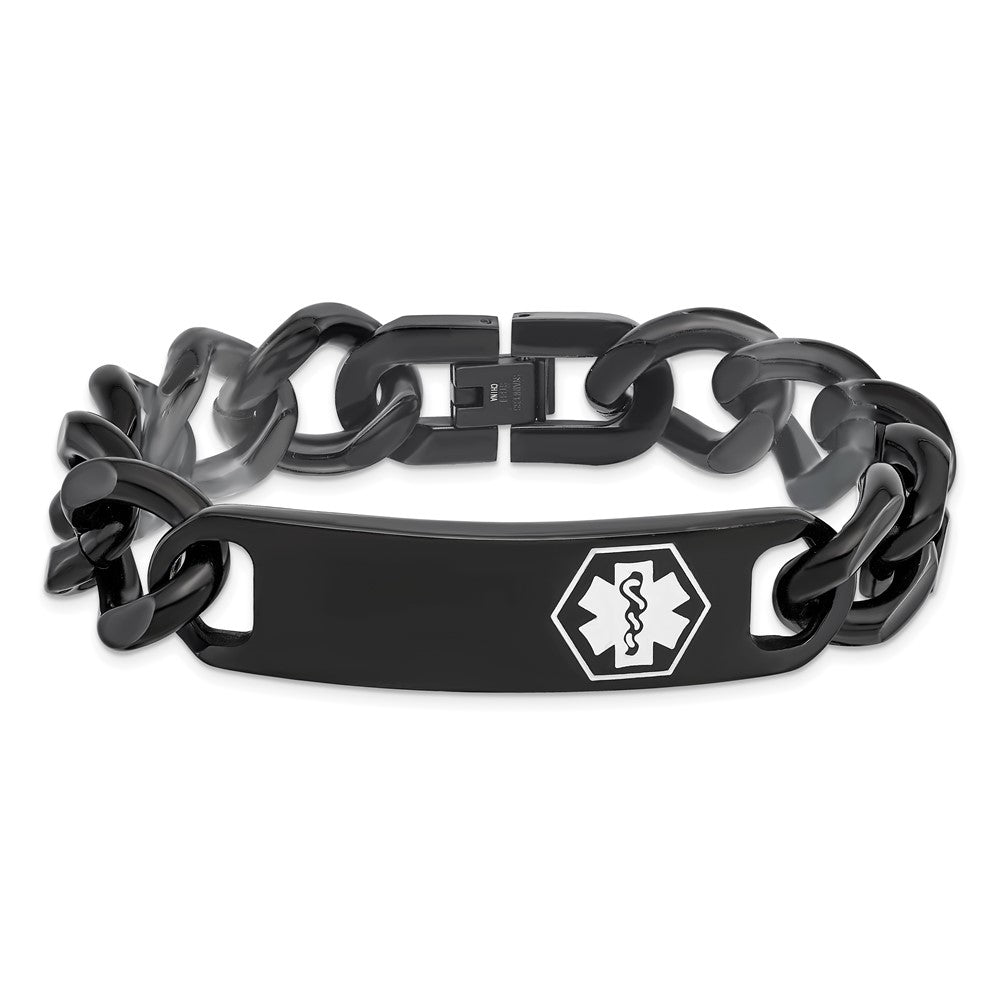 Chisel Stainless Steel Polished Black IP-plated with White Enamel Medical ID 8.25 inch Curb Chain Bracelet SRB2195-8.25
