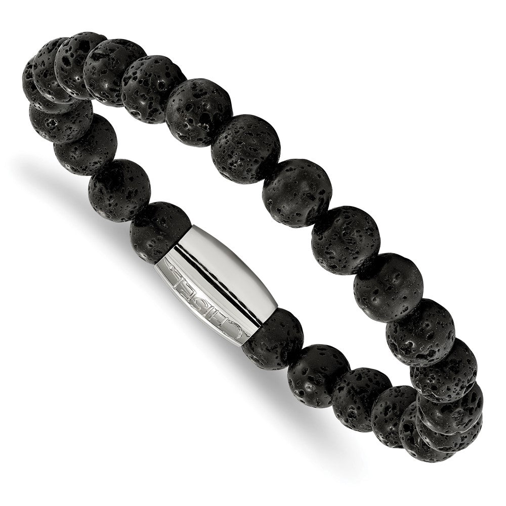 Chisel Stainless Steel Polished 8mm Lava Rock Beaded Stretch Bracelet SRB2234