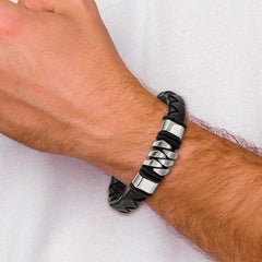 Chisel Stainless Steel Brushed and Polished Black Woven Leather 8 inch Bracelet with .5 inch Extension SRB2240-8