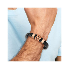 Chisel Stainless Steel Brushed and Polished Rose IP-plated Black Woven Leather 8 inch Bracelet SRB2242-8