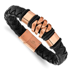 Chisel Stainless Steel Brushed and Polished Rose IP-plated Black Woven Leather 8 inch Bracelet SRB2242-8