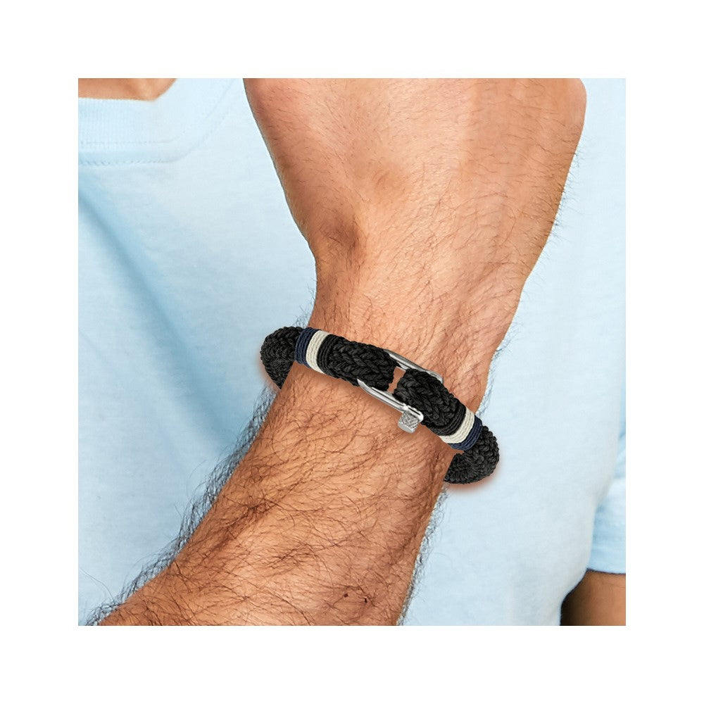 Chisel Stainless Steel Polished Woven Black Cotton 8.5 inch Bracelet SRB2251-8.5