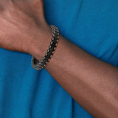 Chisel Stainless Steel Polished Rose IP-plated Cable and Black Leather 8.5 inch Bracelet SRB2254-8.5