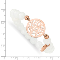 Chisel Stainless Steel Polished Rose IP-plated Tree of Life 8mm White Jade Beaded Stretch Bracelet SRB2322