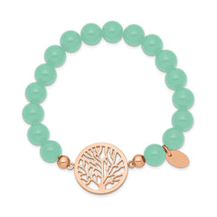 Chisel Stainless Steel Polished Rose IP-plated Tree of Life 8mm Green Dyed Jade Beaded Stretch Bracelet SRB2323