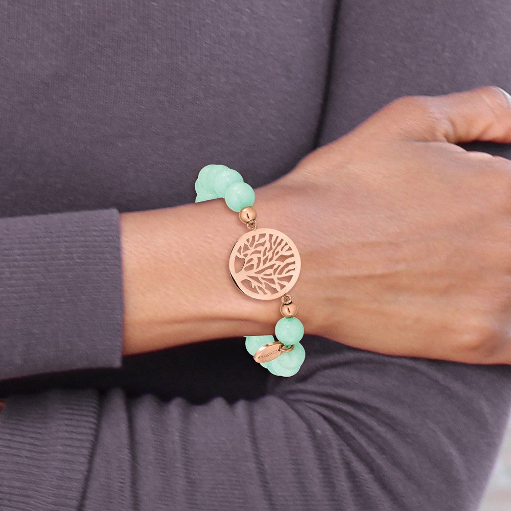 Chisel Stainless Steel Polished Rose IP-plated Tree of Life 8mm Green Dyed Jade Beaded Stretch Bracelet SRB2323