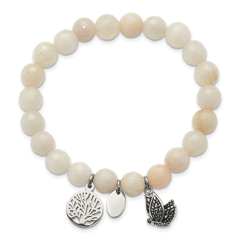 Chisel Stainless Steel Antiqued and Polished Butterfly and Tree of Life 8mm White Jade Beaded Stretch Bracelet SRB2325