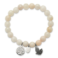 Chisel Stainless Steel Antiqued and Polished Butterfly and Tree of Life 8mm White Jade Beaded Stretch Bracelet SRB2325